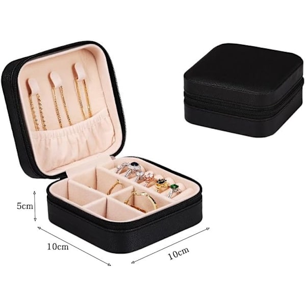 Lille Smykkeæske, Mini Smykkeorganizer, Rejse Smykkeæske, Bærbar Opbevaringsboks til Øreringe, Halskæder, Armbånd (Sort)