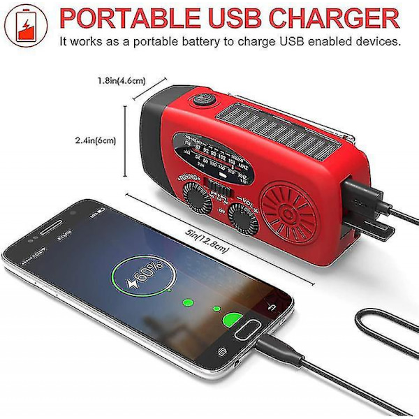 Nødradio med solcelle, håndsveiv og LED-lommelykt, Powerbank-lader