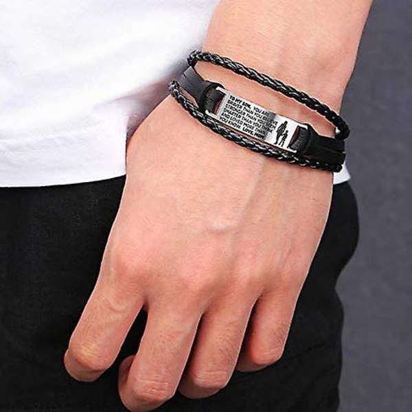 Armbånd til min søn fra mor og far, læderbånd med spænde, rustfrit stål graveret armbånd med magnetisk lukning