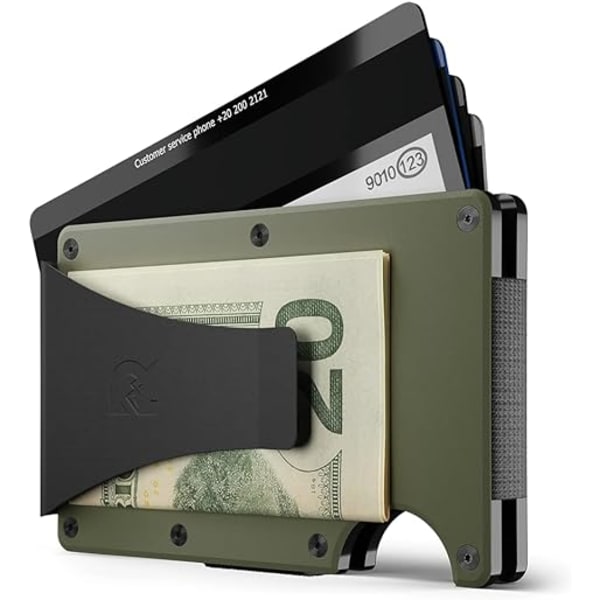 Minimalistisk plånbok i aluminium för män - RFID-blockering, elastisk, smal, kreditkort för framfickan med pengar, (ArmyGreen) 86 x 54 x 6 mm