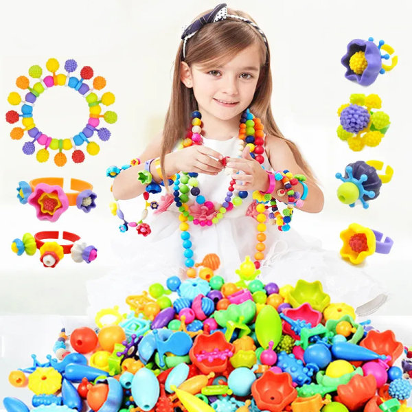 Utvalg av Pop Beaded Pop Beads 500+ Snap Together DIY Bead Kit for Girls Jewelry Set Ideelt for reiser og å ta med på farten, egnet for barn 4, 5, 6, 7, 8 år gamle