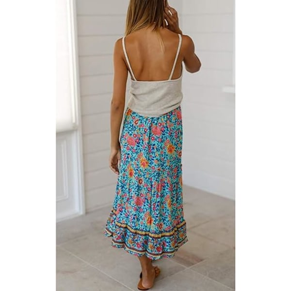 Kvinnors Boho Blommig Tryck Elastisk Hög Midja Plisserad A-linje Midikjol blå