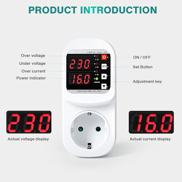 Stikkontakt med automatisk spændings- og strømsikring, justerbar over-/underspænding og strømbegrænsning, voltmeter AC220V 16A (EU-standard dobbelt stik)