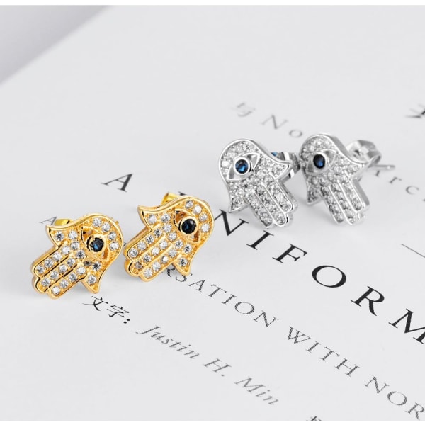 Onda öga Hand of Fatima örhänge för kvinnor Guld Post Rostfritt stål Kubisk zirkonia Hypoallergen Elegant Finaste lilla smycken (Guld)