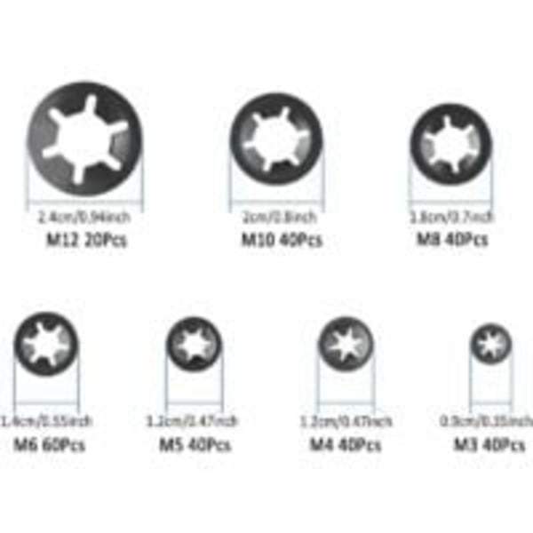 280 stk. låseskiver, stållåseskiver, hurtiglåseskiver M3 M4 M5 M6 M8 M10 M12, 7 størrelser, svart