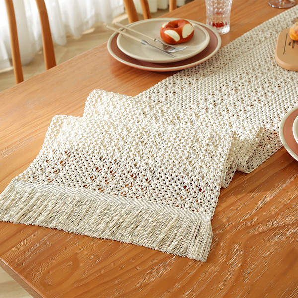 Bohemisk bordslöpare, beige, macramé, rektangulär, virkad spets, nät, lantlig stil, 35 x 160 cm