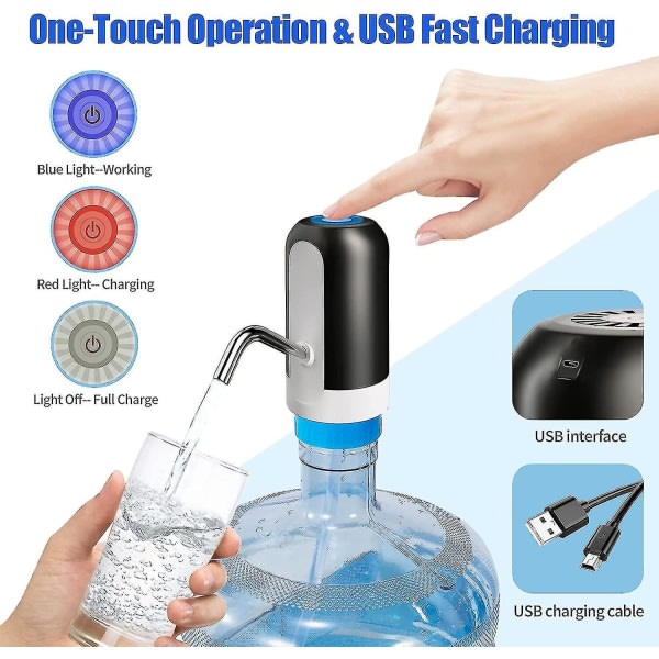 Vannflaskepumpe 5 gallon vanndispenser, bærbar elektrisk vannpumpe, USB-lading, automatisk drikkevannpumpe for camping