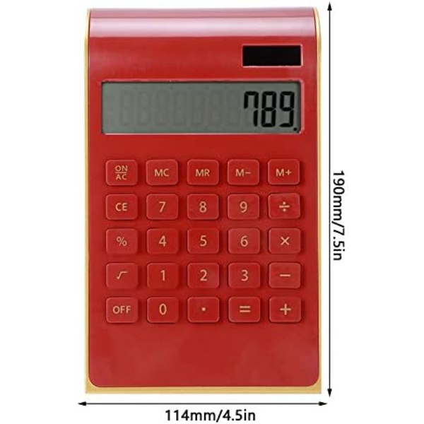 Kalkulator, slank og elegant design, kontor/hjemmeelektronikk, dobbel drevet skrivebords kalkulator, solenergi, 10 siffer, vippet LCD-skjerm, rød