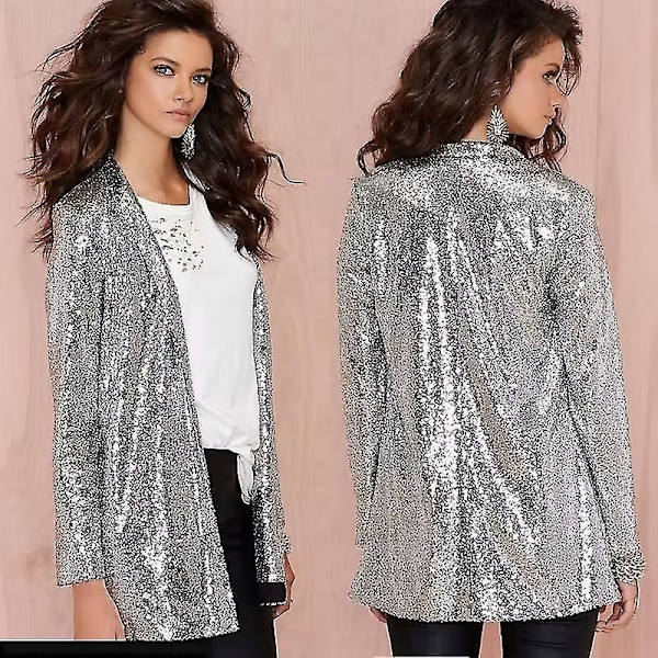 Dame Sequin Jakke Åben Front Blazer Casual Langærmet Cardigan Frakke L