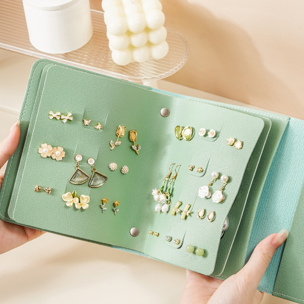 Praktisk Ørering Opbevaring Lille Bog Øre Opbevaringsposer Smykkeæske Smykke Organizer Ørering Display Case, Grøn
