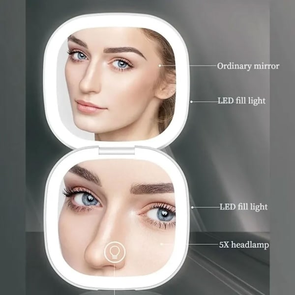 Resemirror med LED-belysning, kompakt spegel med 1X/5X förstoring, 2 sidor, 3 färger, dimbar, bärbar fickspiegel