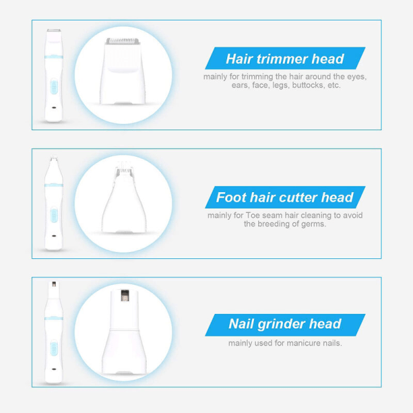 3 i 1 Multifunktionel Elektrisk Hundeneklipper Kit, Lav Støj Bærbar Genopladelig Kæledyr Negleklipper, Smertefri Poter Pleje, Glatning til Små Hunde