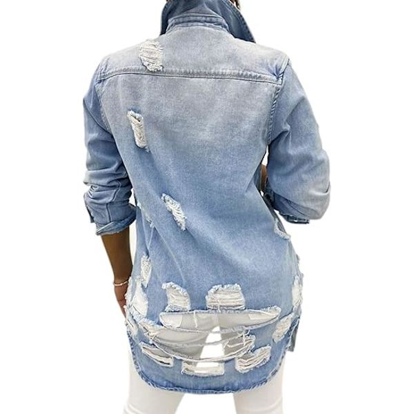 Kvinnors Jeansjacka Långärmad Klassisk Sliten Fransad Fåll Tofs Denim T