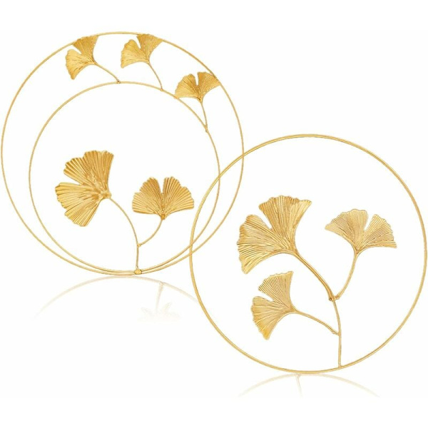 Järnskulpturer för vägg, 2 delar metallväggdekor järnväggprydnader lönn Gingko blad väggdekor väggdekoration för hemmakontor vardagsrum hotelldekoration (guld)