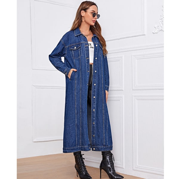 Kvinnors mode vår knapp ner midi lång denim jean jacka trenchcoat