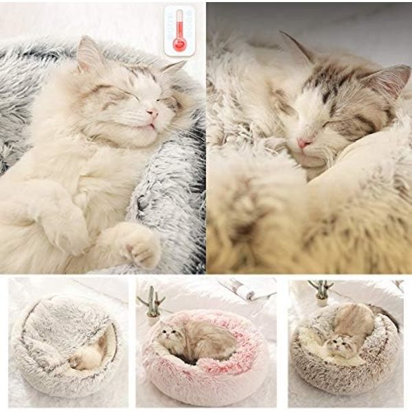 Rund Fluffy Katteseng - Myk Plysj - med Hetter - for Innendørs og Vinter - Sklisikker Sovepute - Maskinvaskbar - 50 cm
