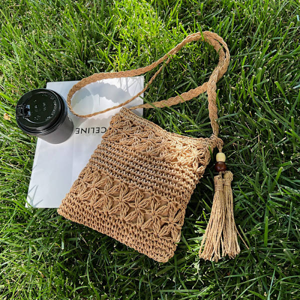 Kvinnors halmväska, kvinnors lilla halmtygs axelväska, strandhalmväska, virkad crossbody-väska, korgväska liten sommarväska raffiaeffekt väska wit