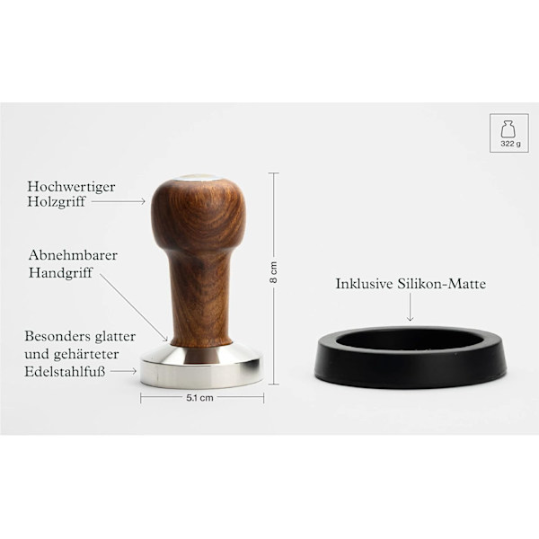 Tamper Set 51 mm - Kaffeestößel aus Edelstahl und echtem Holzgriff