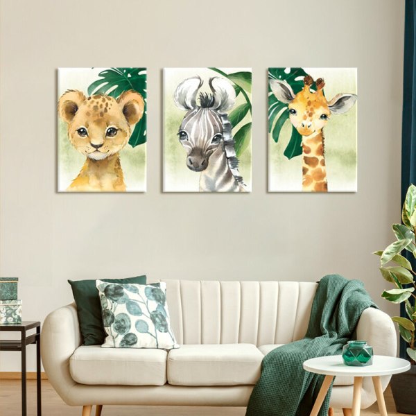 6 Affischer Skogsdjur Baby Barn Affisch Elefant Lejon Giraffe Zebra Tige