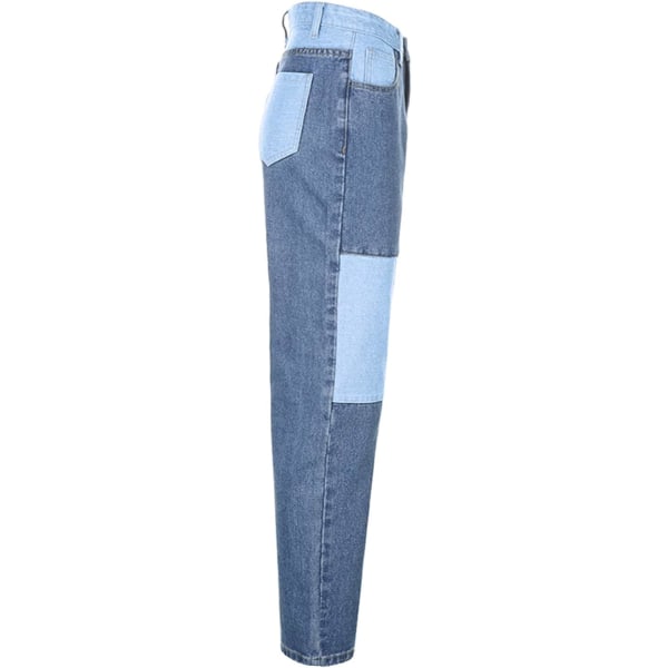 Dam Patchwork Jeans Hög Midja Rak Stretch Jeans Flickor Mode Färgblock Patchwork Jeans blå xl