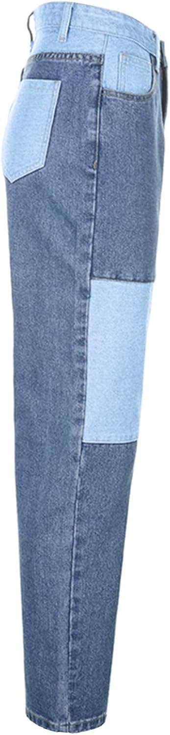 Dames Patchwork Jeans Højtaljede Straight Stretch Jeans Piger Mode Col