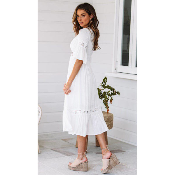 Dames Boheme Kjole Dyb V-hals Sommer Flydende Lange Maxi Kjoler Sexet Hvid
