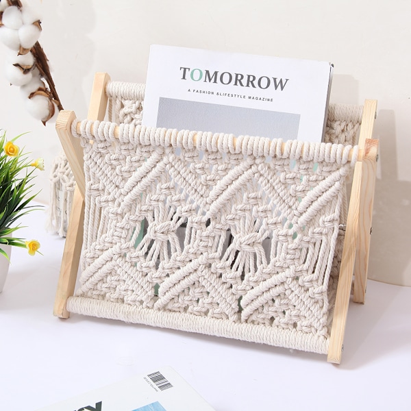 Bohemisk Macrame Tidskriftsställ, Handvävd Bok Dagbok Organizer, Handduksförvaring