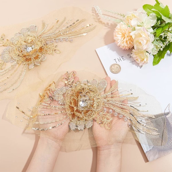 Pcs Blomma Spets Broderi, Blommig Broderad Spetslapp med Naglar Pärlor Paljetter Tulle Applikationer Sylapp för Kläder Bröllopsklänning DIY Dec