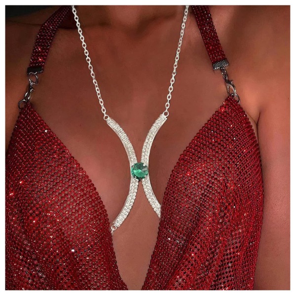 Kvinnor Rhinestone Mounted Chest Breast Chain Bikini Underkläder Kroppssmycken S