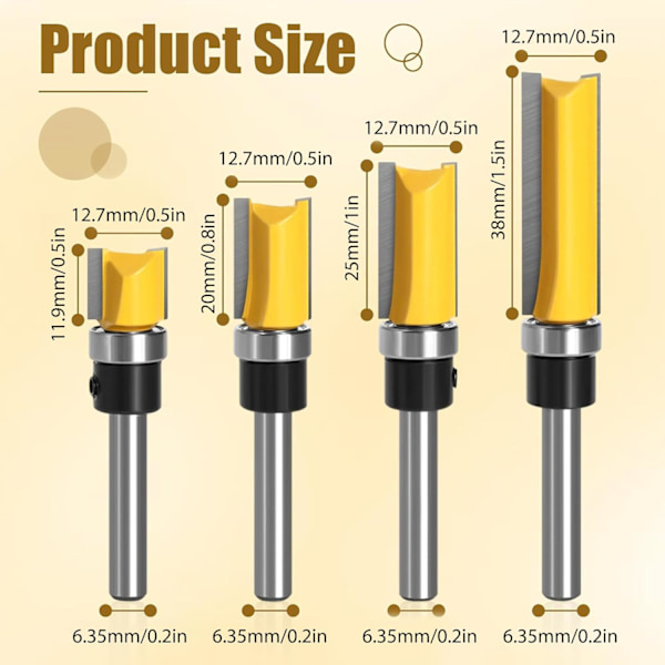 Shank Flush Trim -reunukset, 4 kpl 6,35 mm Shank Flush Trim -reunukset, ammattivarusteet kuulalaakereilla, puuntyöstötyökalut, jyrsinkärjet