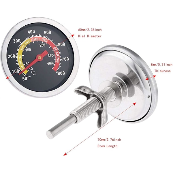 6cm Grilltermometer i rustfritt stål for utendørs grill, røyker og ovn