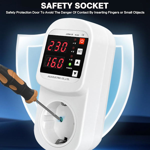 Stikkontakt med automatisk spændings- og strømsikring, justerbar over-/underspænding og strømbegrænsning, voltmeter AC220V 16A (EU-standard dobbelt stik)