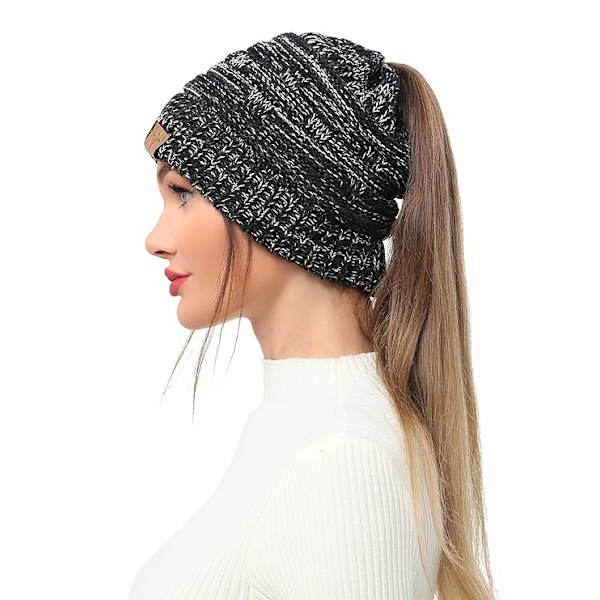 Hestehale Messy Bun Hue Hat Strik Hul Blødt Stræk Kabel Vinter