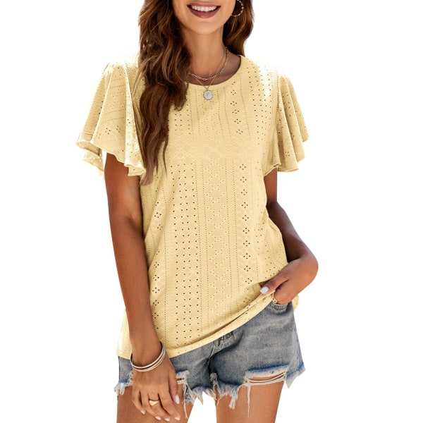 Womens Tshirts Loose Fit Crew Neck Ruffle Sleeve Summer Casual Tops,gul,