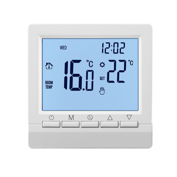 Elektrisk värmetermostat, manuell knapp 16A, negativ display, vit cha