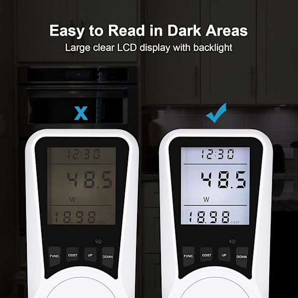 Wattmätare - Bärbar realtidsströmmonitor med bakgrundsbelyst LCD-skärm, Watt