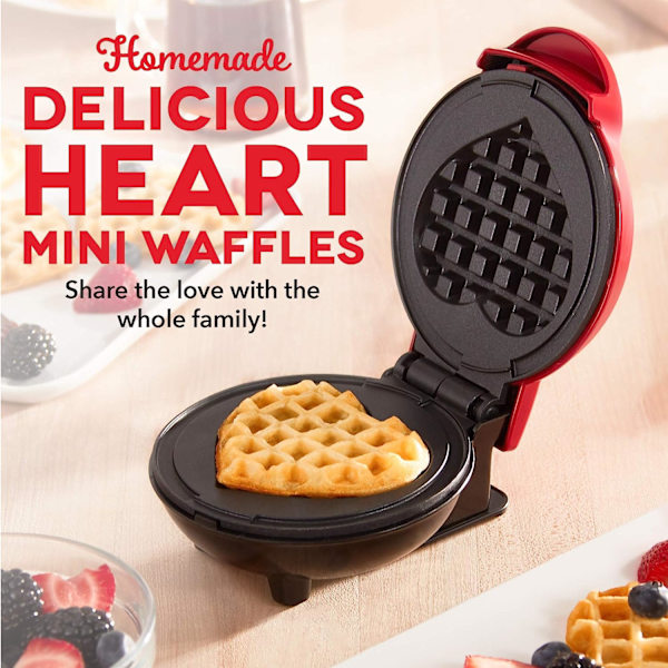 Mini vaffeljern til enkeltpersoner eller snacks, med nem rengøring, non-stick sider, rød hjerte 4 tommer