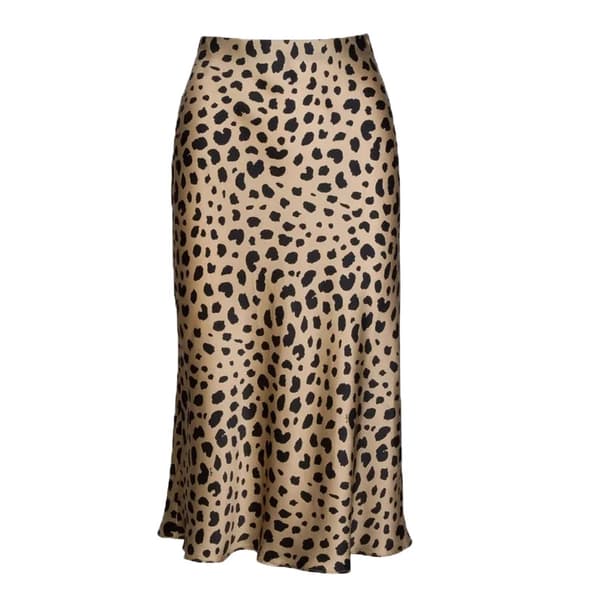 Leopardkjol för kvinnor, midilängd, hög midja, siden, satin, elastisk, gepard