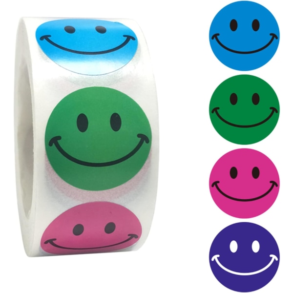 Smile Face Stickers til børn, 2,54 cm pr. rulle med 500 ark, 4-farvet design