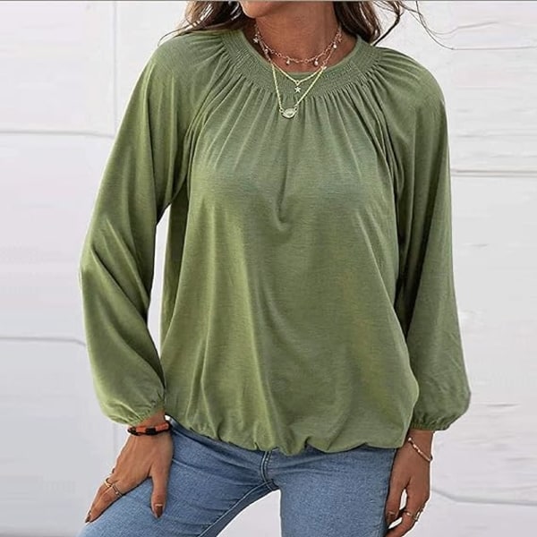 Dame Crew Neck Tunika T-skjorte Bluse Lang Ermet Tilfeldig Løs Plissert Bas