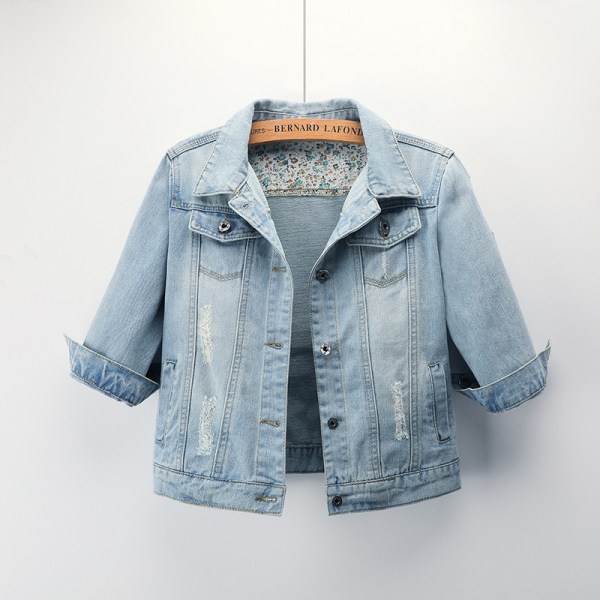 Kvinners høst 3/4 ermer Retro korte denimjakker lyseblå jeansjakker, M