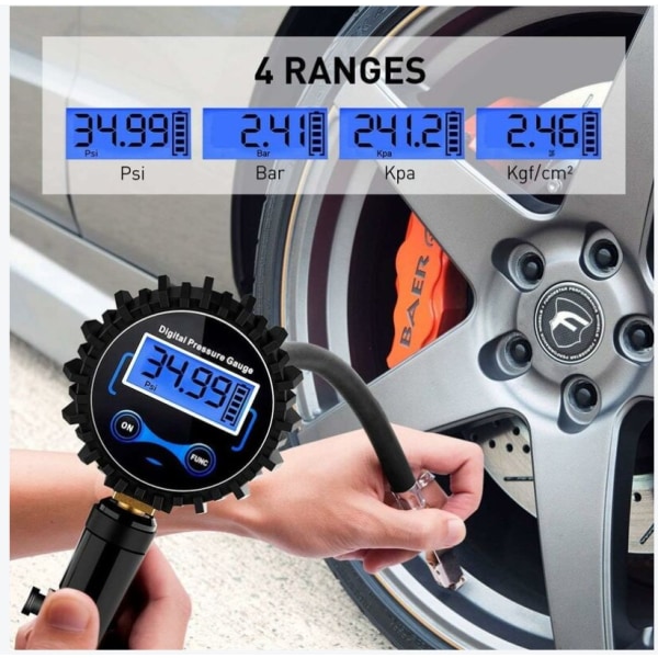 Digitalt dæktryksmåler 200 PSI, højpræcist digitalt dæktryksmåler med oppumpningspistol til bil, motorcykel, cykler, LCD-display