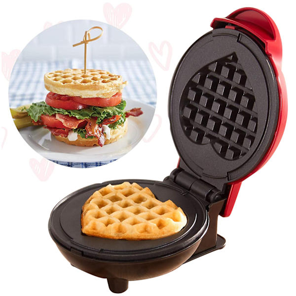 Mini vaffeljern til enkeltpersoner eller snacks, med nem rengøring, non-stick sider, rød hjerte 4 tommer