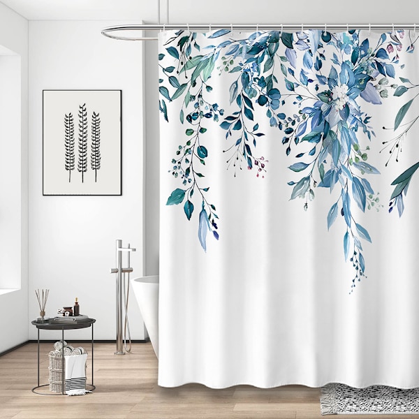 Duschdraperi med 12 krokar Blommig Polyester Vattentät Badrumsdraperi Viktad fåll Maskintvättbar Snabbtorkande 150 x 180 cm Blå