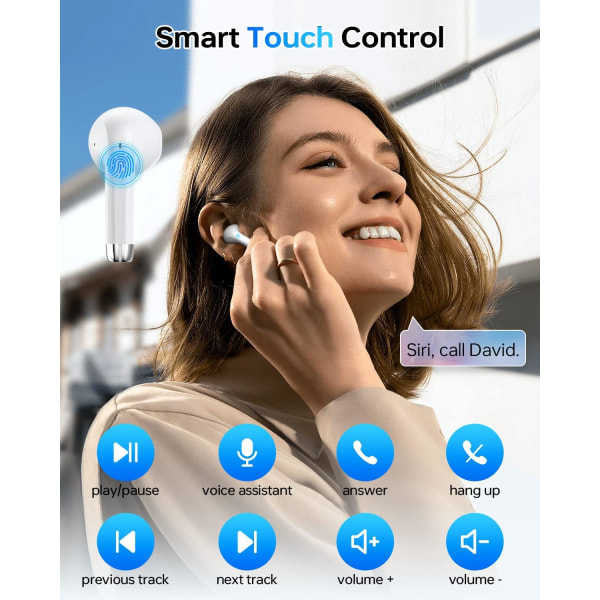 Trådløse øretelefoner, Bluetooth 5.2-hovedtelefoner 4 timers spilletid med opladningsetui, til iPhone Android mobiltelefon sportstræning spil, hvid