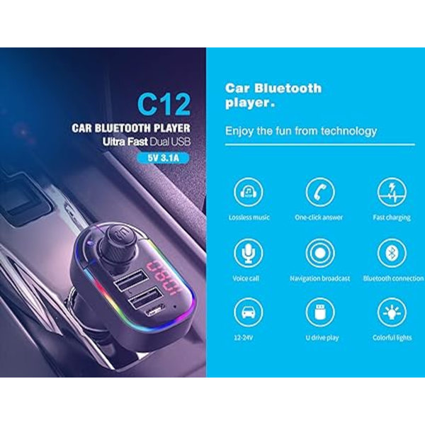 Bluetooth FM-sender, Bluetooth MP3-spiller trådløs radioadaptersett FM-sender billader med doble USB-porter, håndfri samtale, støtte for SD-kort og USB-flash-stasjon