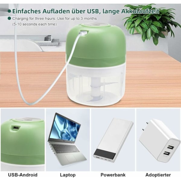 Elektrisk kødhakker, mini elektrisk hakker, 250 ml, elektrisk køkkenhakker med USB-oplader, løghakker med 3 blade