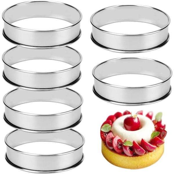 6 stk. Runde Muffinsforme, Tartforme i Rustfrit Stål, Madform til Bøf, Stegte Æg, Tortilla, Højde 2,5 cm (Diameter 10 cm, 3,9 tommer)
