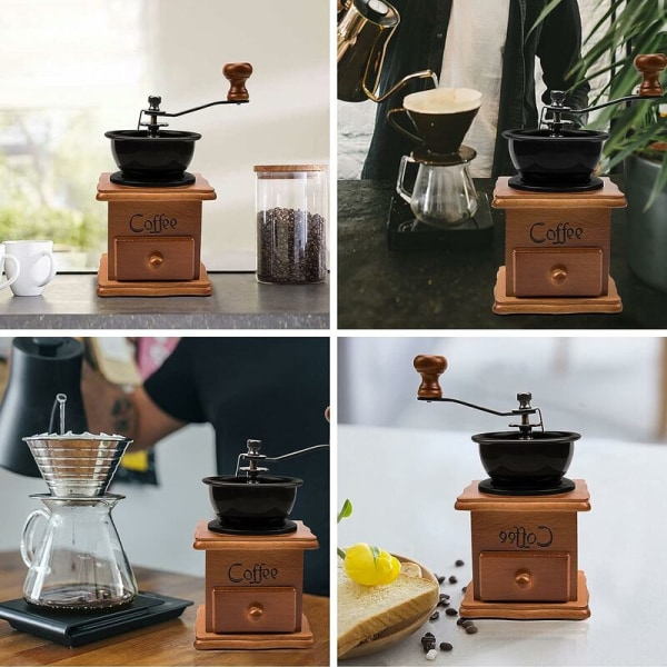 Manuell kaffekvarn, vintage, slitet trä med justerbar redskap
