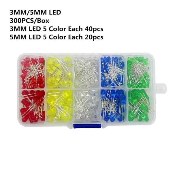 300st 3mm 5mm LED Light Emitting Kit Sortiment Glödlampa Elektronisk lampa